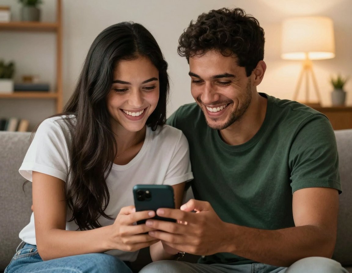 Casal sentado junto no sofá, rindo enquanto olha a tela de um celular