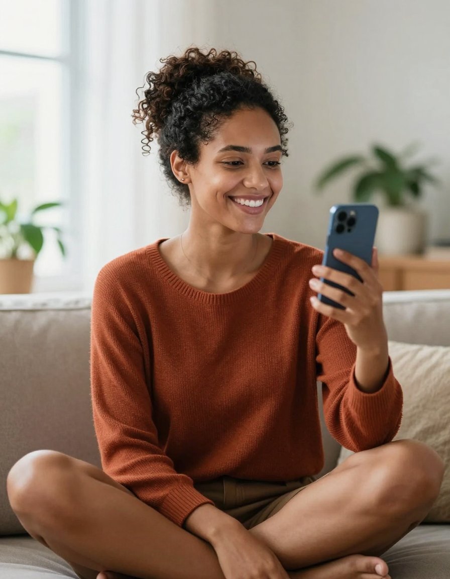 Mulher sentada no sofá, sorrindo, segurando o celular na frente do rosto durante uma videochamada