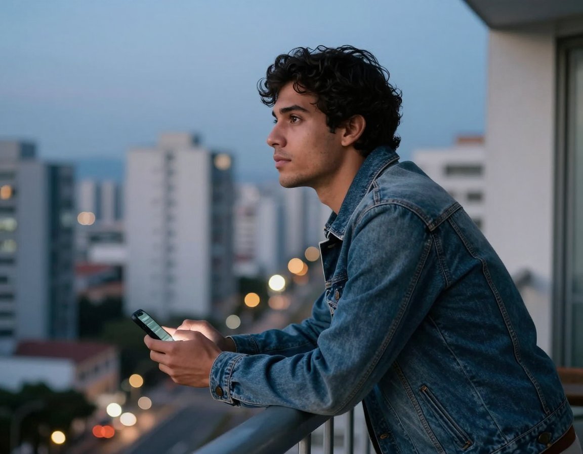 Homem de jaqueta jeans apoiado na varanda ao entardecer, com o celular na mão e a cidade ao fundo