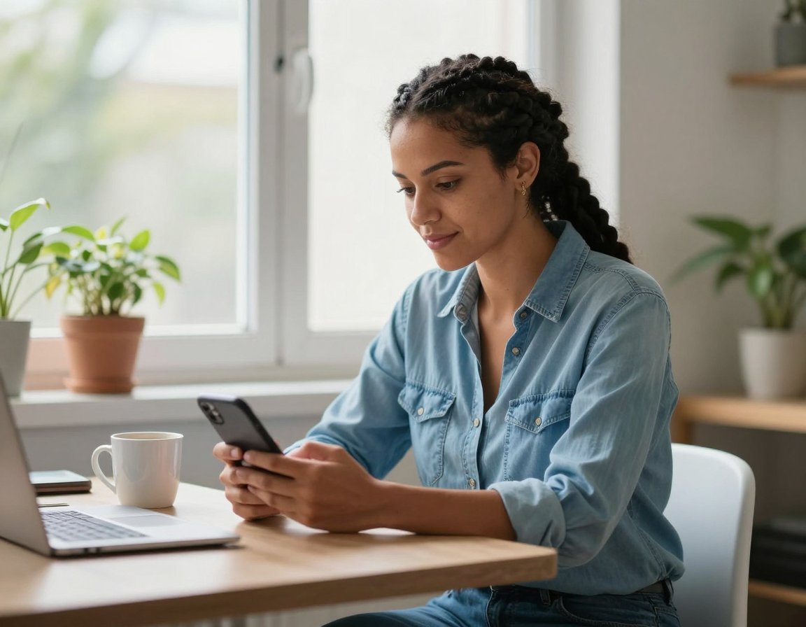 Mulher sentada à mesa perto da janela, com café e notebook, olhando o celular